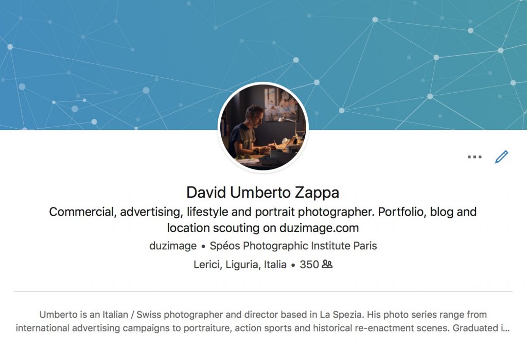 screenshot del profilo LinkedIn di David Umberto Zappa, fotografo commerciale italiano. Copertina del post sul blog duzimage riguardo l'utilità di LinkedIn anche per fotografi