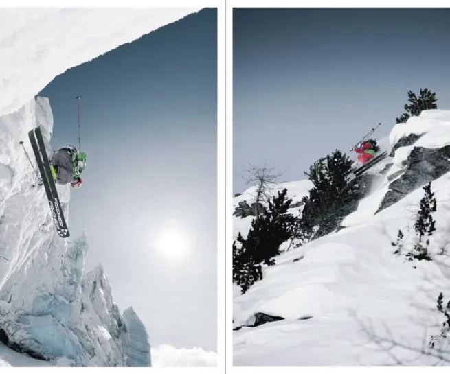 Portfolio Sport & Lifestyle del fotografo duzimage - estratto articolo rivista di sci. Immagine di sinistra ripresa di uno sciatore dal basso mentre salta giù da un ghiacciaio. Immagine di destra, sciatore salda da piccola roccia circondata da alberi